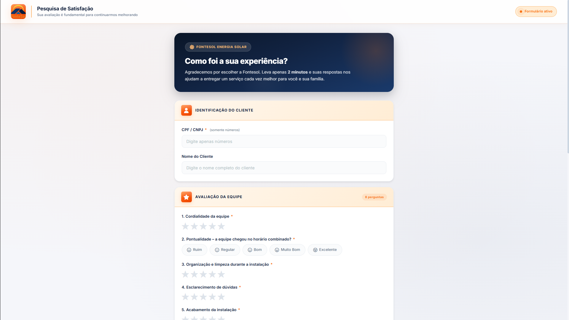 Ilustração provisória da pesquisa de satisfação, com identificação, avaliação por estrelas e botão Enviar.