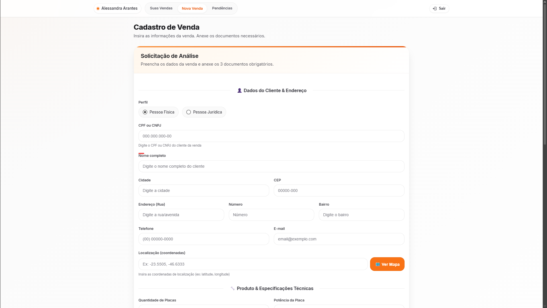 Ilustração provisória das seções de cliente, projeto, pagamento e anexos do cadastro de venda.
